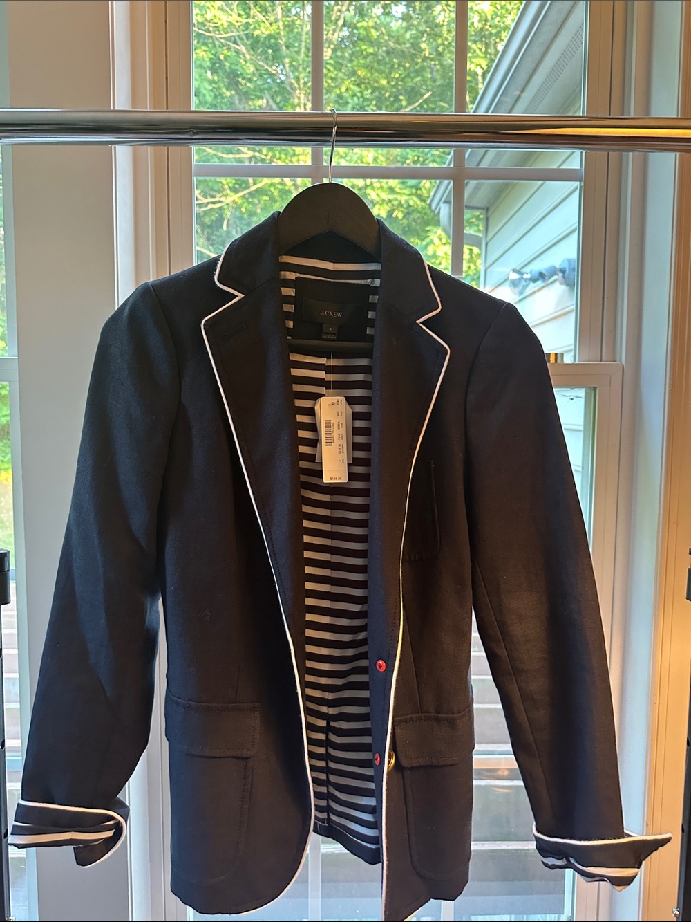 VTG J. Crew Navy Blazer with White Piping and Striped Liner